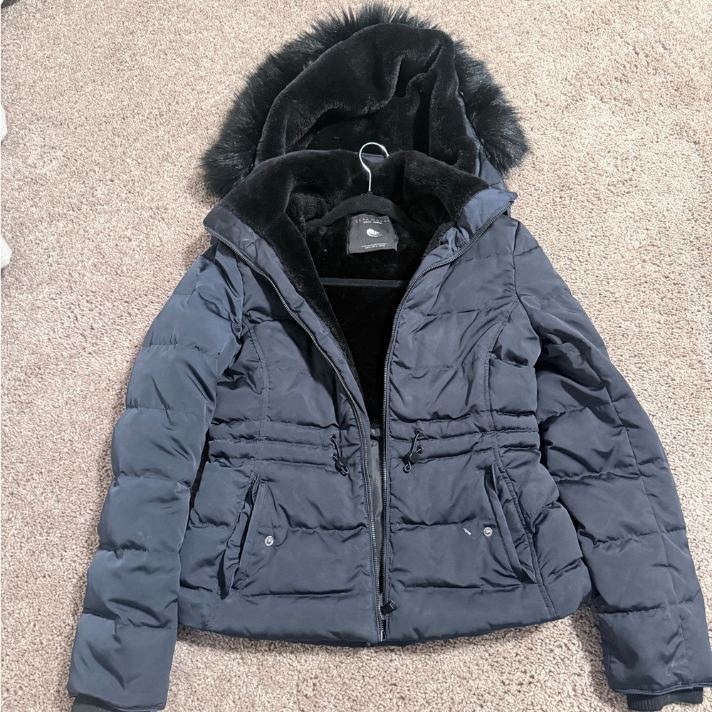 Zara Navy Puffer Jacket with Faux Fur Hood